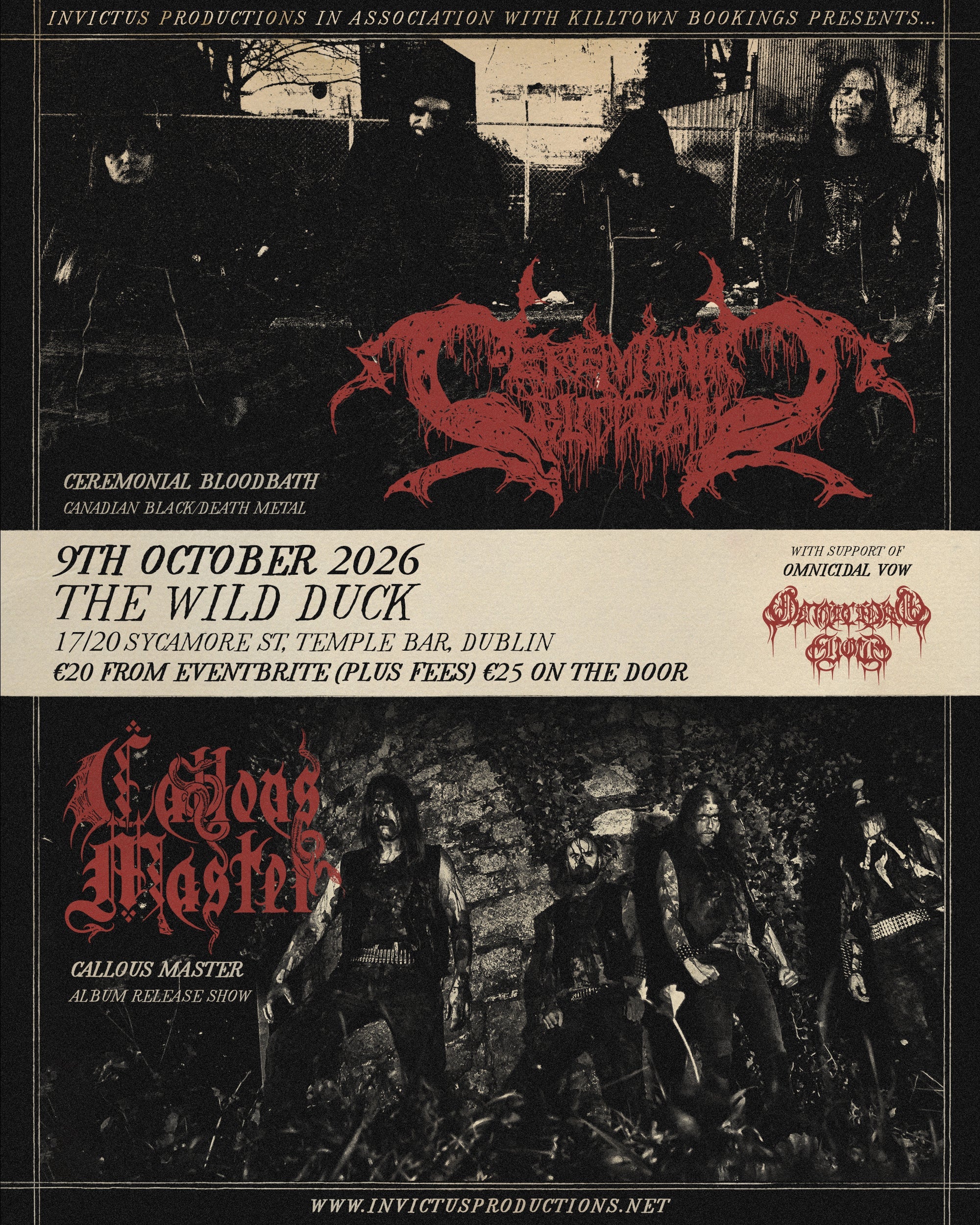 CEREMONIAL BLOODBATH / CALLOUS MASTER / OMNICIDAL VOW Friday Oct 9th, Dublin!